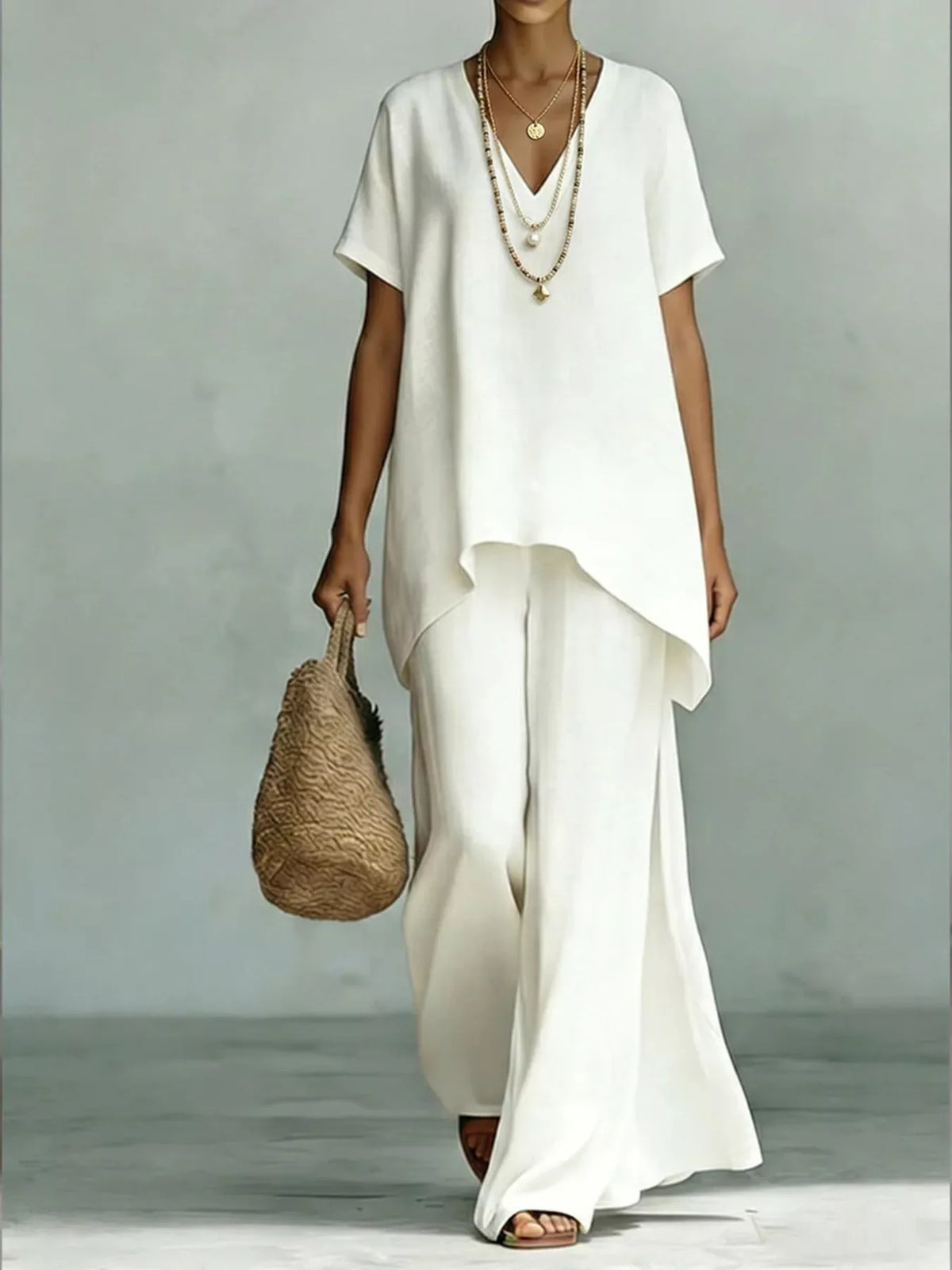 V-neck wide-leg pants set – white