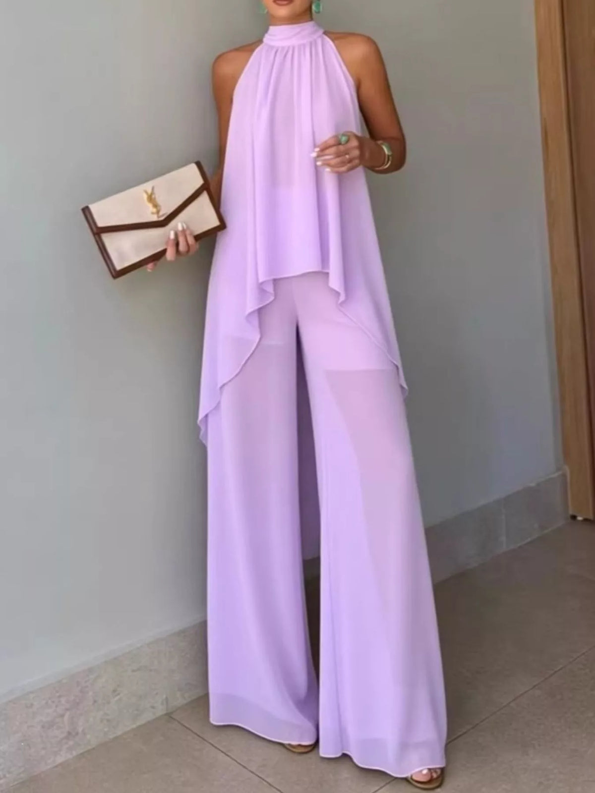 High-low sleeveless top and wide-leg pants two-piece set, Light Purple