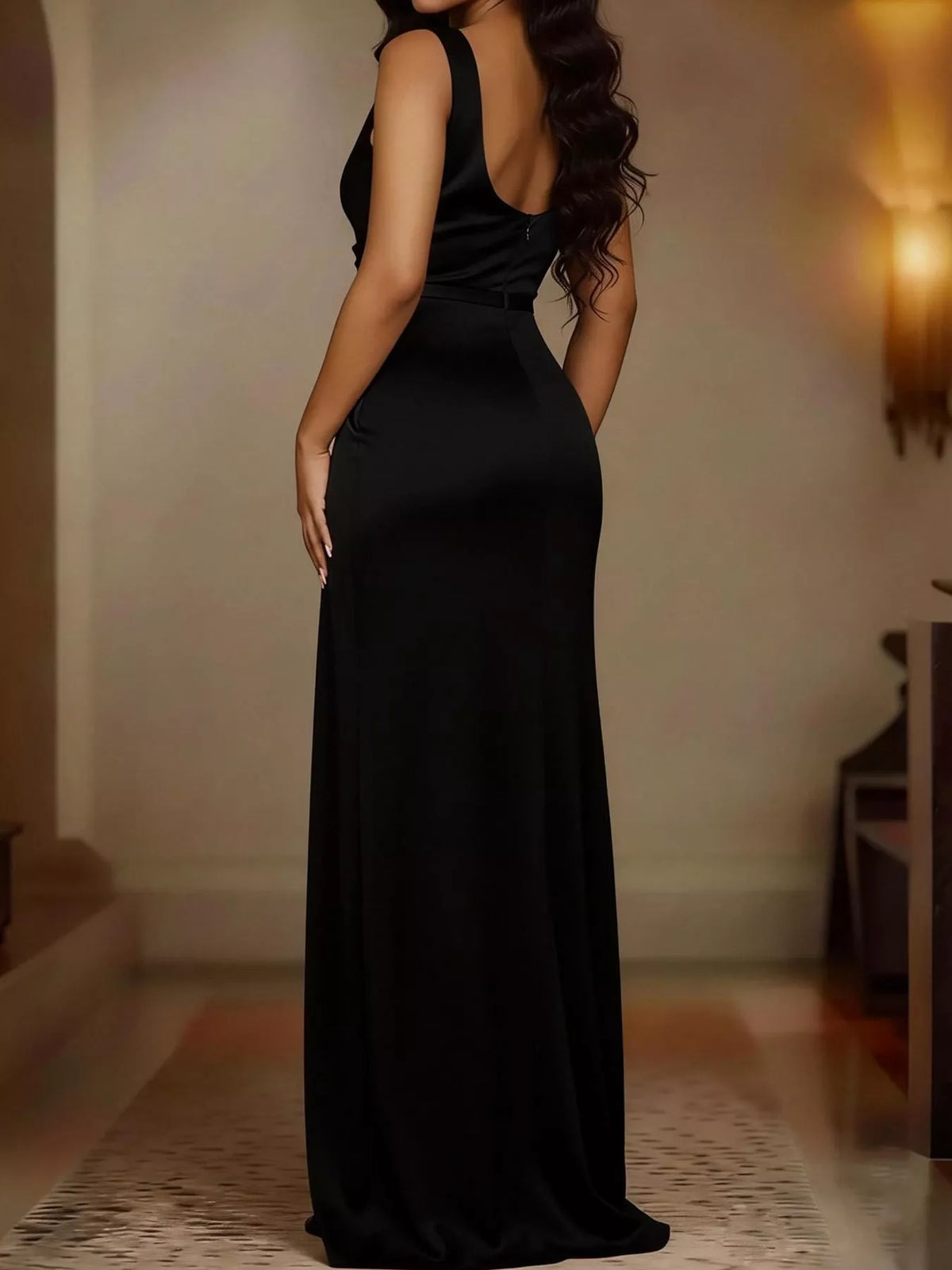 Satin cowl neck high slit evening maxi dress