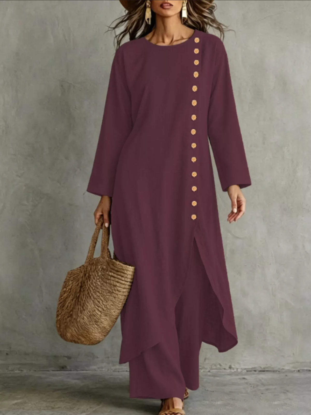 Side-buttoned longline top and pants set, Wine Red