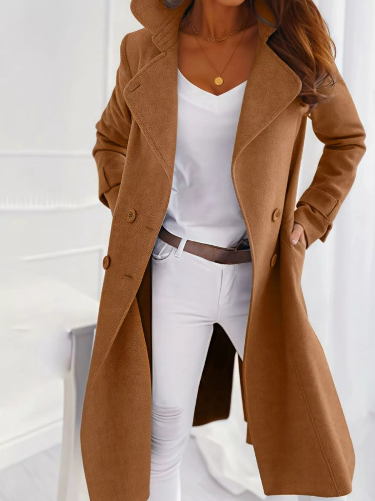 Double-Breasted Long Trench Outerwear, Camel