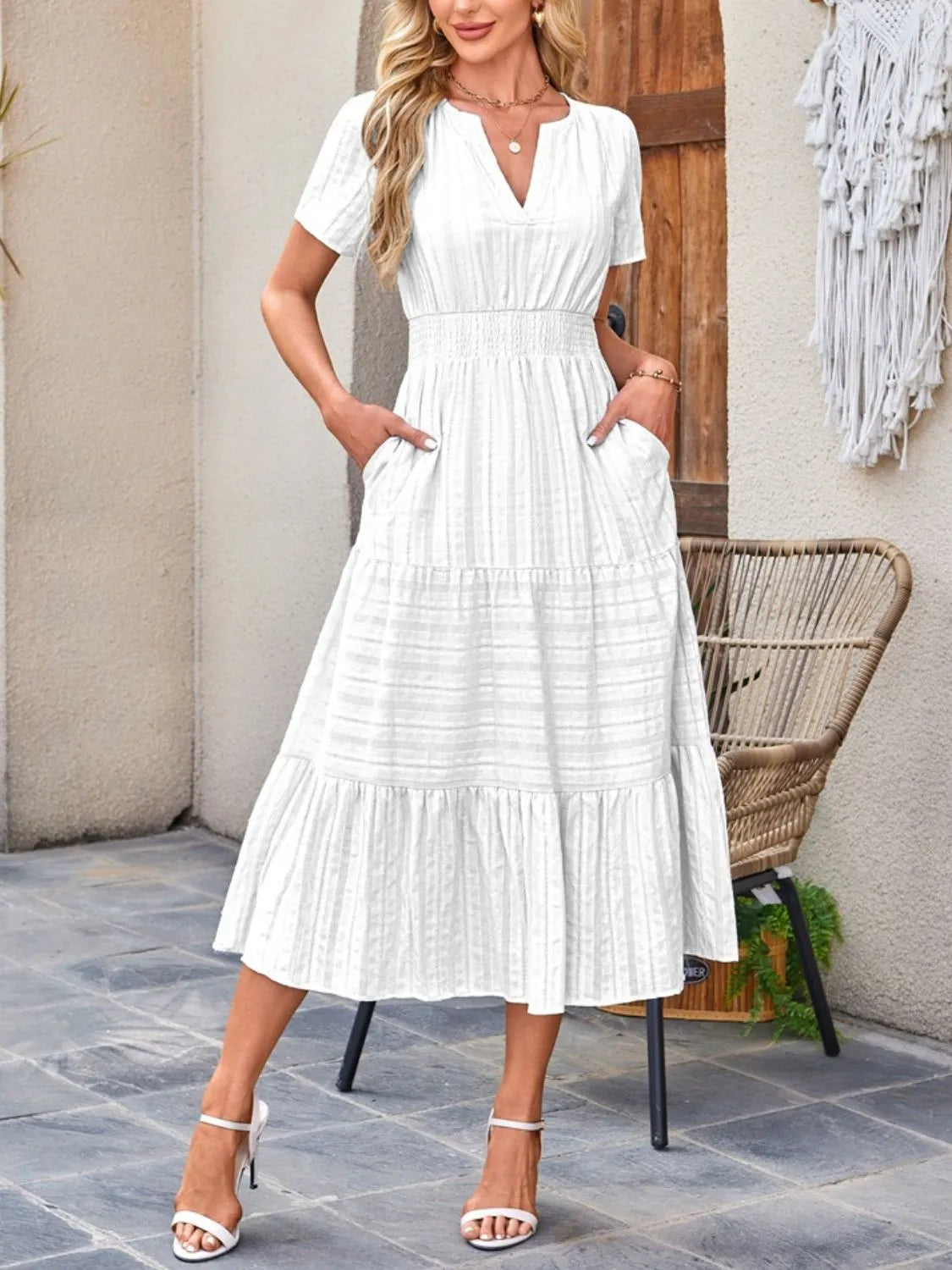 Tiered notched short sleeve dress, White