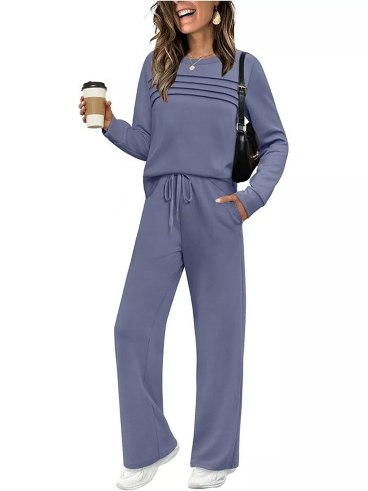 Long sleeve round neck top and pants set, Dusty Blue