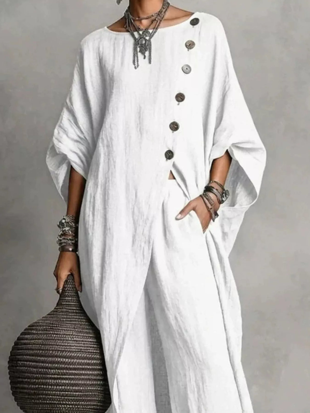 Asymmetric button-down top and wide-leg pants set