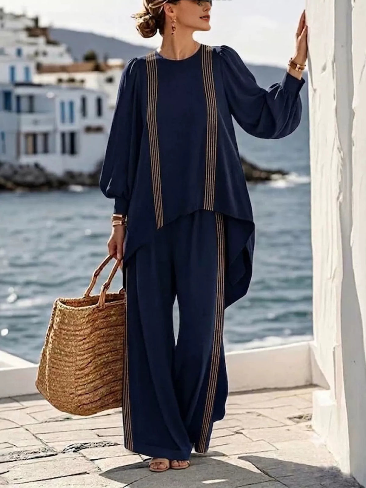 Striped round neck top and pants set, Navy Blue
