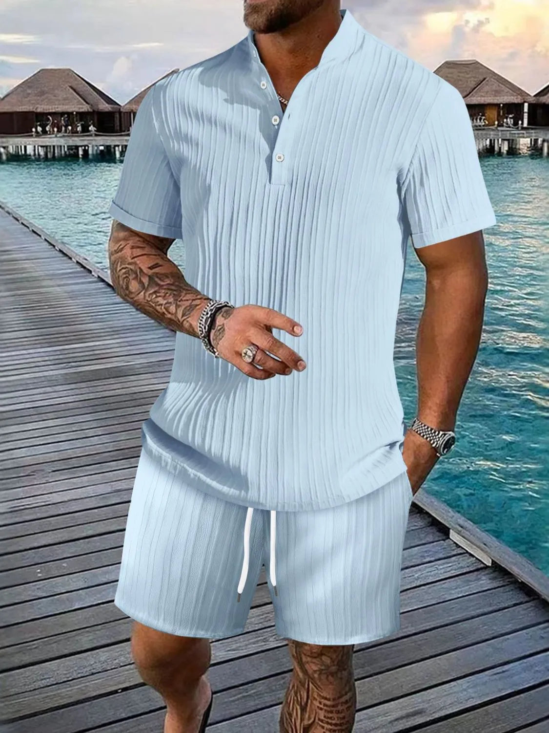 Button-trim top and shorts set – light blue