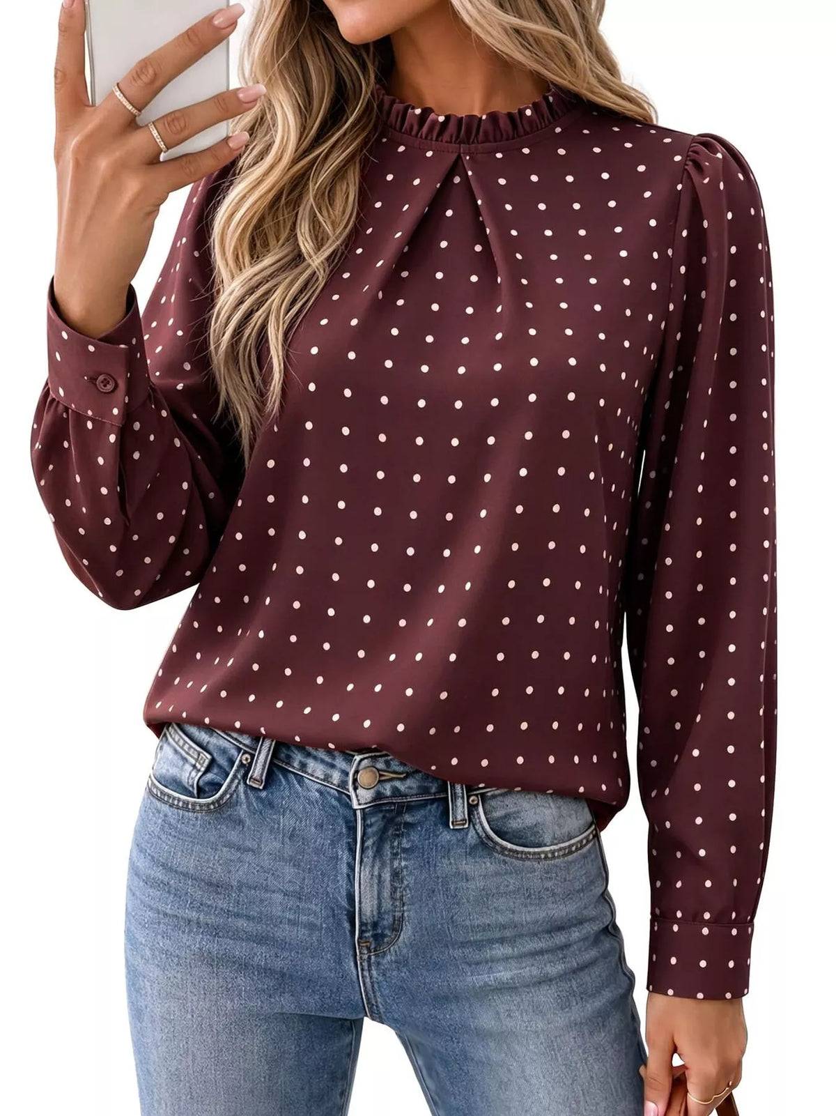 Polka-dot mock-neck blouse