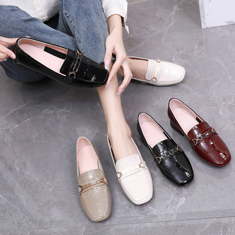 Square-toe patent loafers