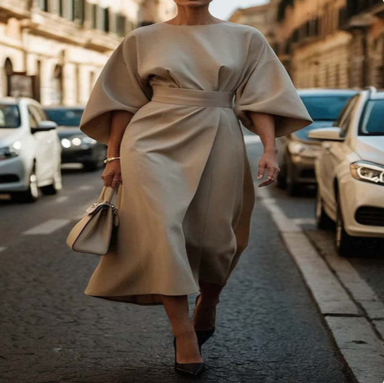 Balloon-sleeve midi dress – apricot
