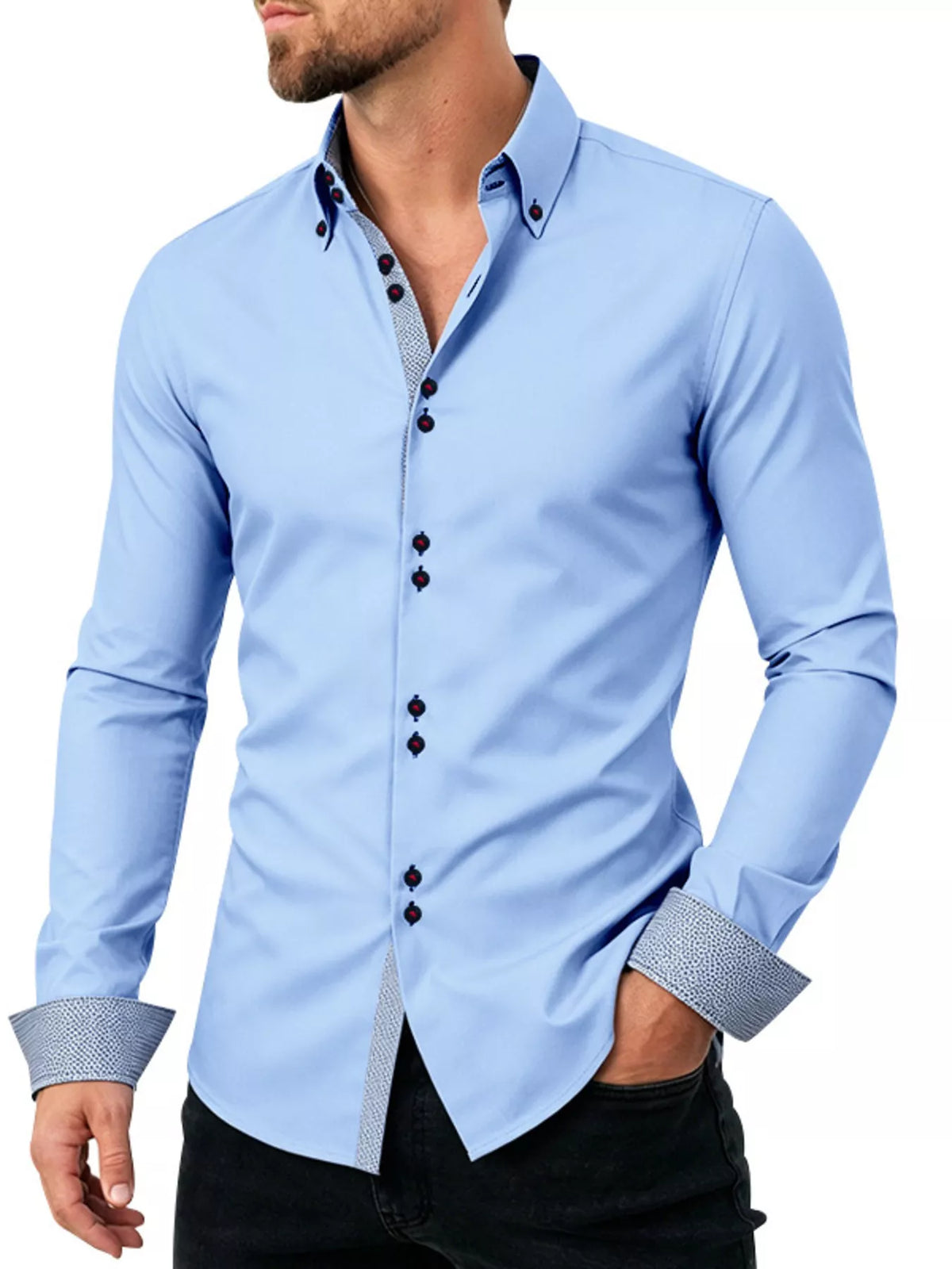 Contrast-trim slim shirt – light blue