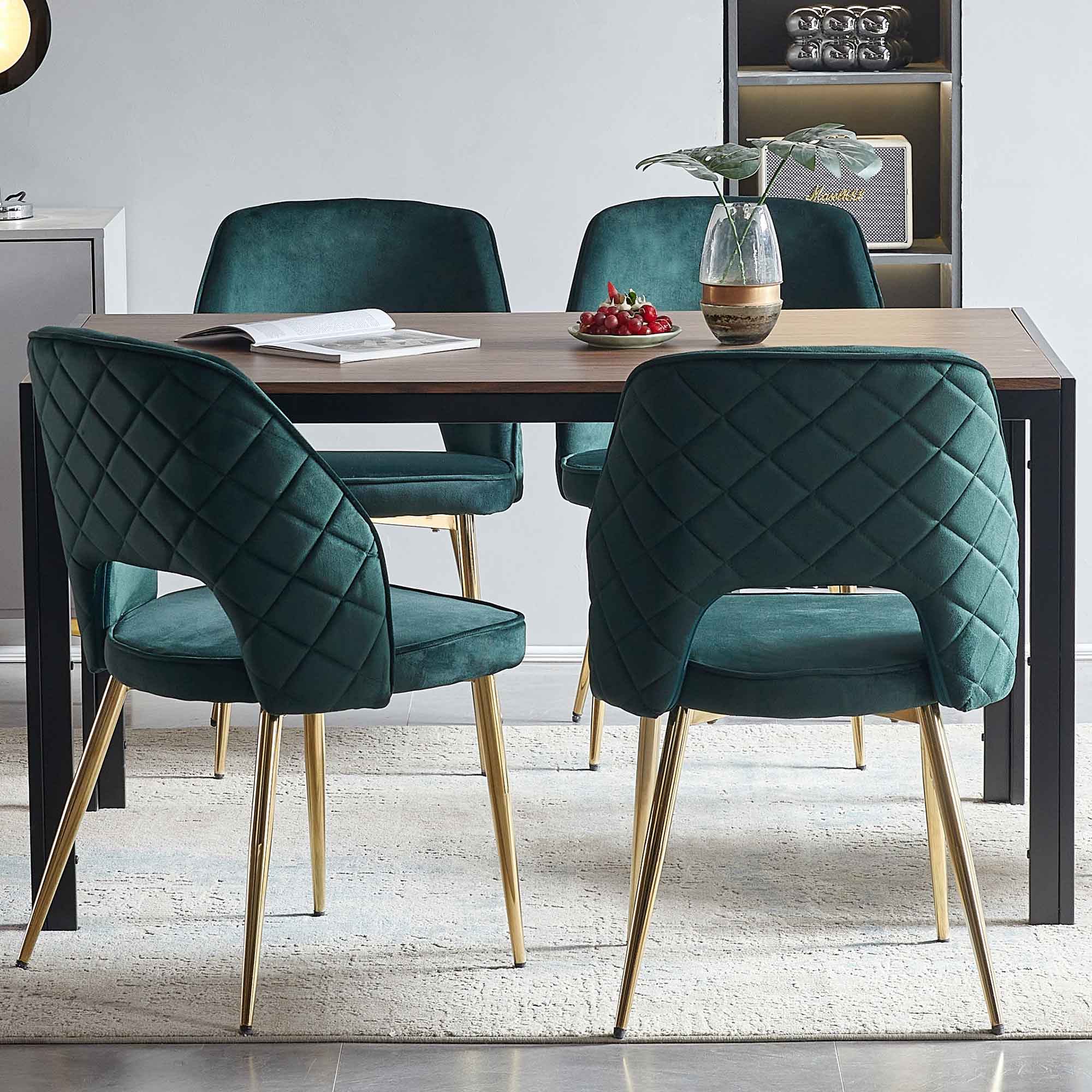 Dark Green Velvet Dining Chairs with Metal Legs and Hollow Back Upholstered Dining Chairs Set of 4