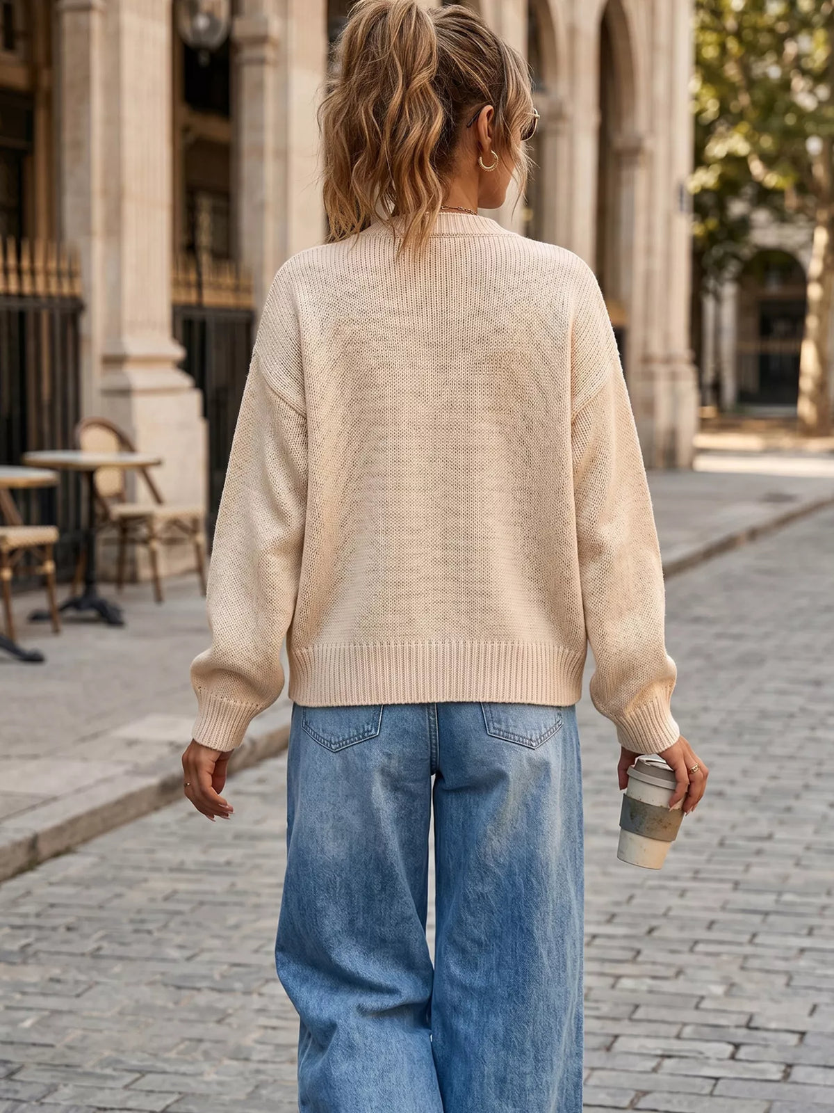 Casual open-front knit cardigan with ribbed trim