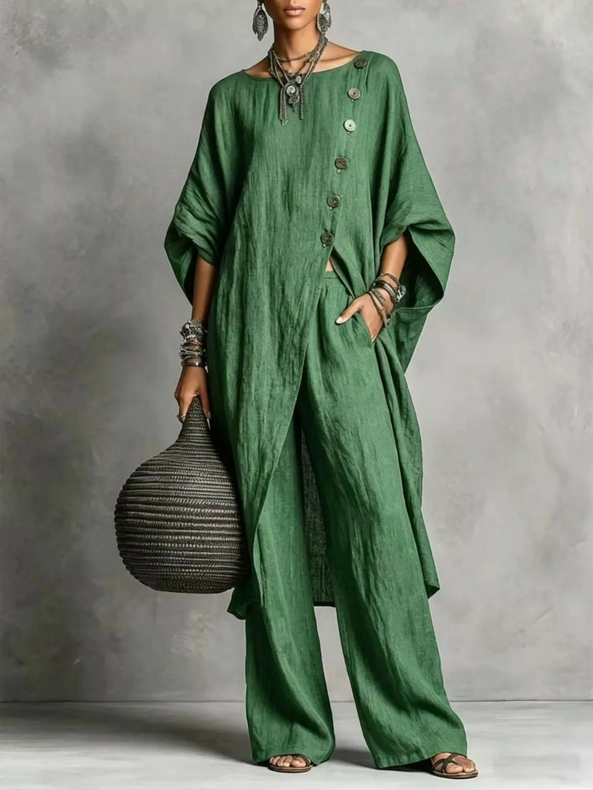 Asymmetric button-down top and wide-leg pants set, Green
