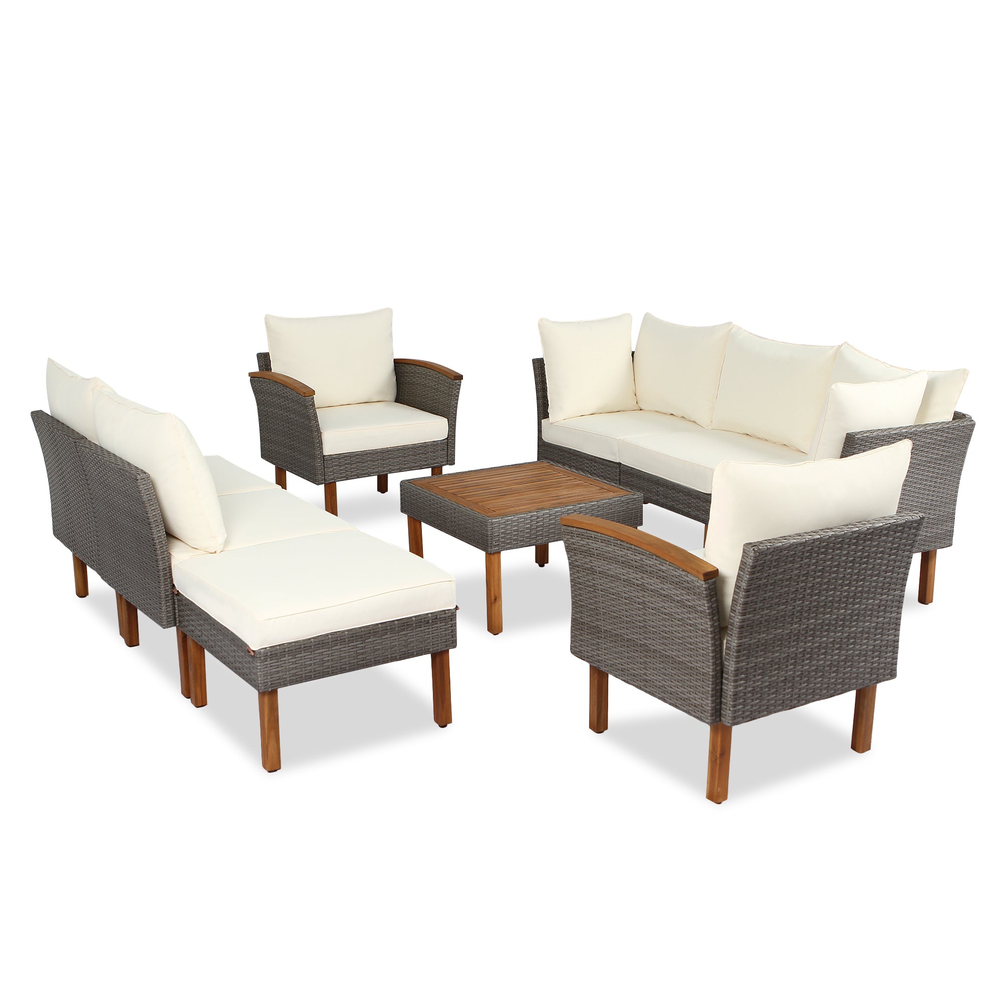 9-piece Patio rattan furniture set with Acacia wooden legs and tabletop sofa set, coffee table washable cushion beige