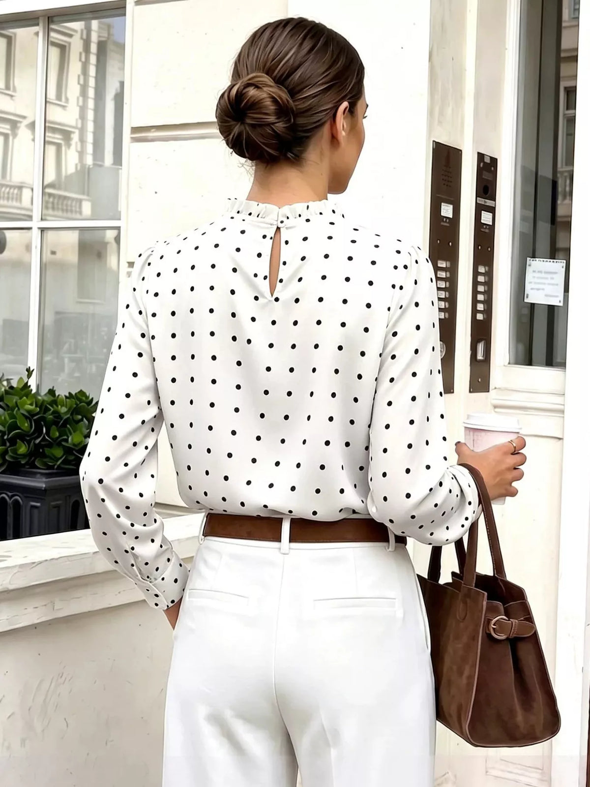 Polka-dot mock-neck blouse