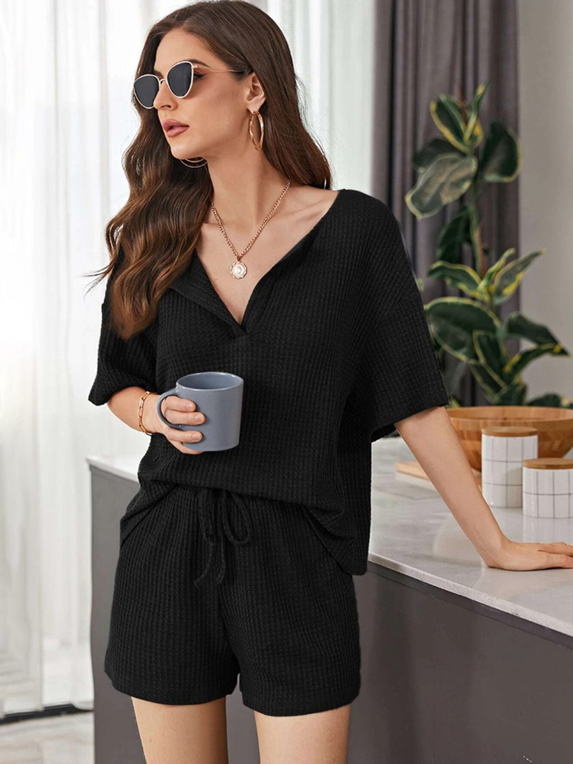 Waffle-knit dropped shoulder top and shorts set