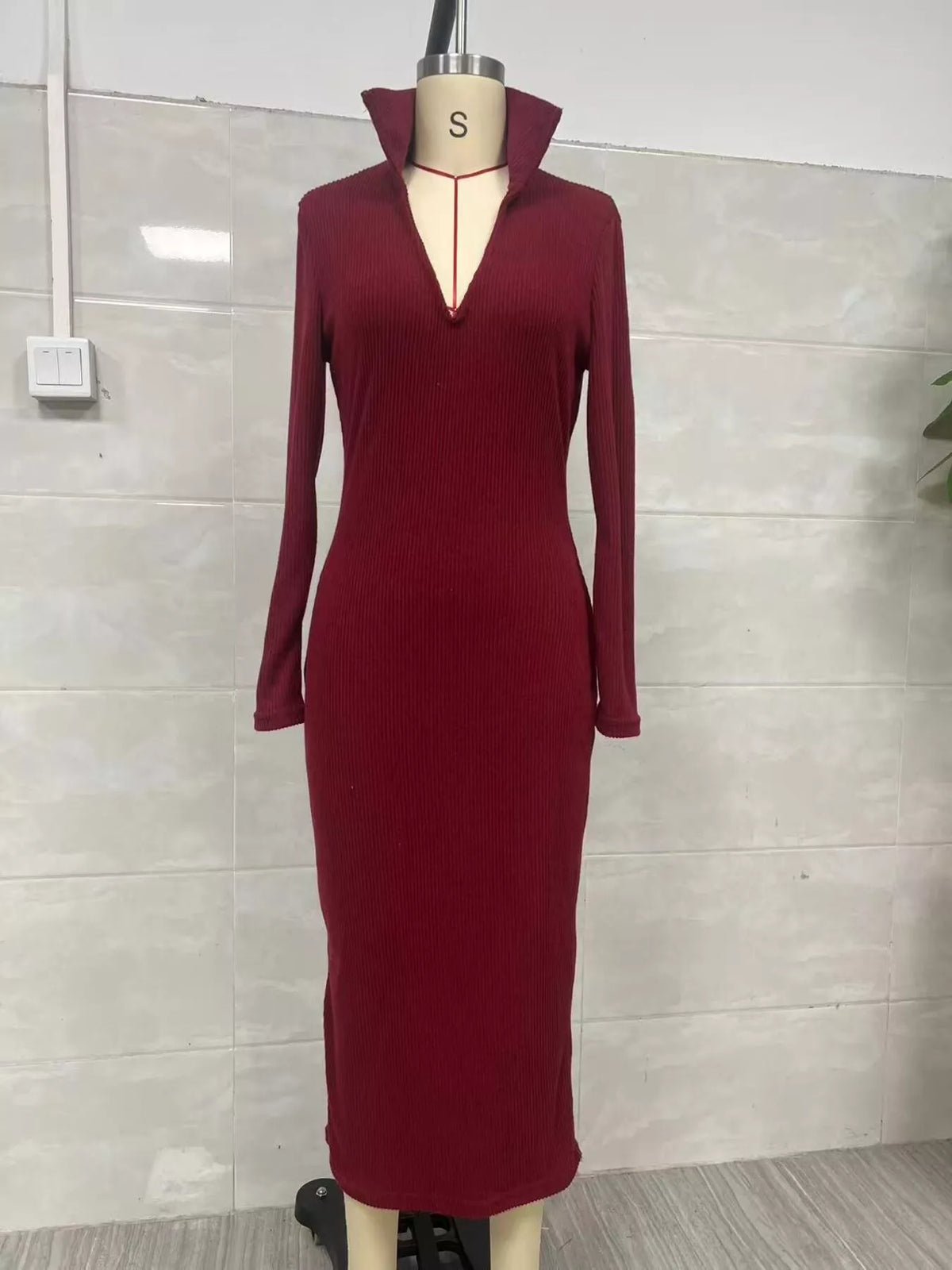 Ribbed V-neck sweater dress