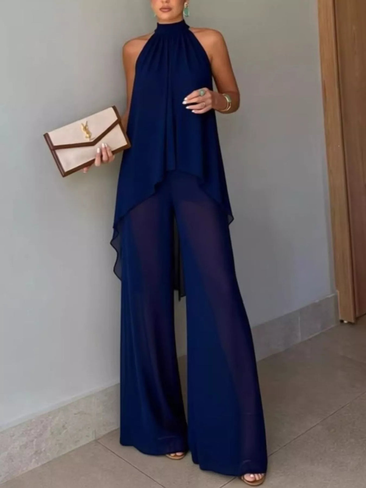 High-low sleeveless top and wide-leg pants two-piece set, Navy Blue