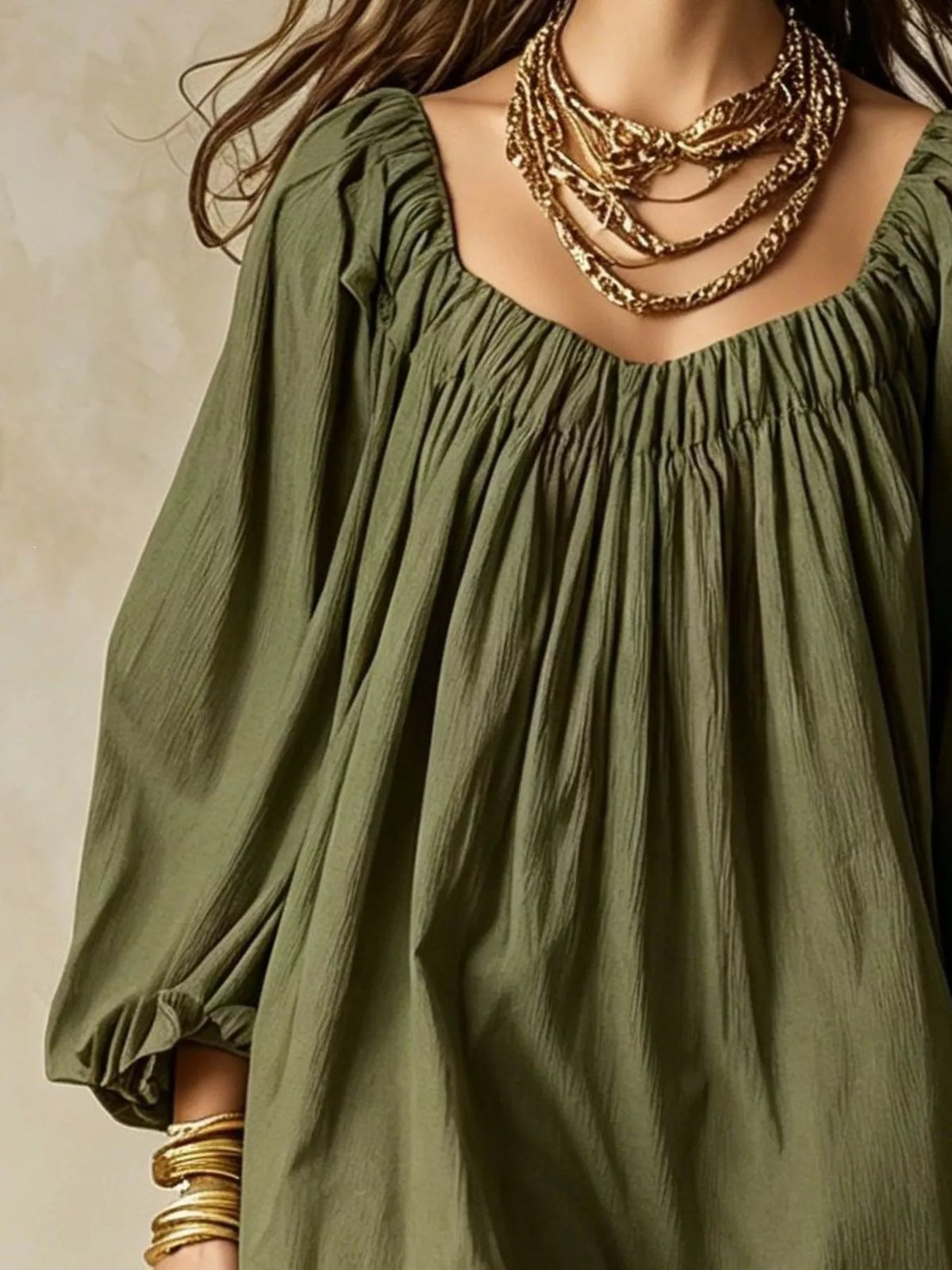Balloon-sleeve mini dress – army green