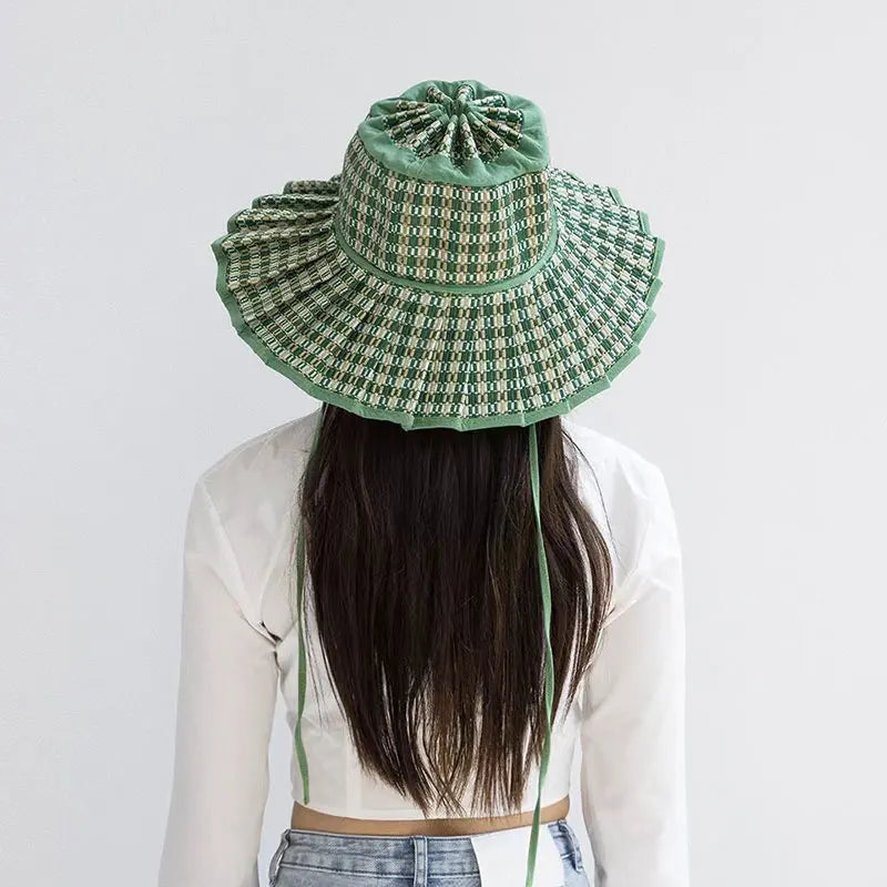 Spring Summer Fashion Casual Plaid Wide Brim Sun Hat Women Men Fashion Outdoor Sunshade Hat Foldable Straw Hat Designer Style