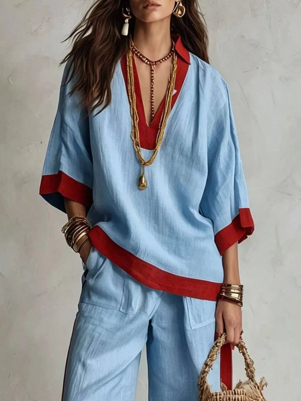 Contrast trim top and wide leg pants set
