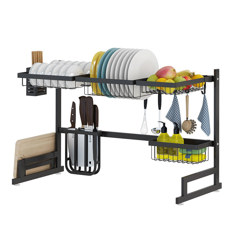 Égouttoir à vaisselle en acier inoxydable noir 65/85 cm en forme de U pour évier, support de rangement de cuisine à deux niveaux