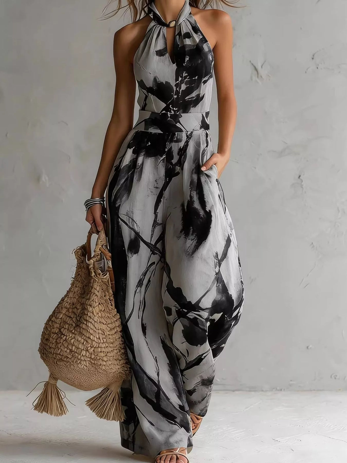 Ink-wash halter jumpsuit – dark gray