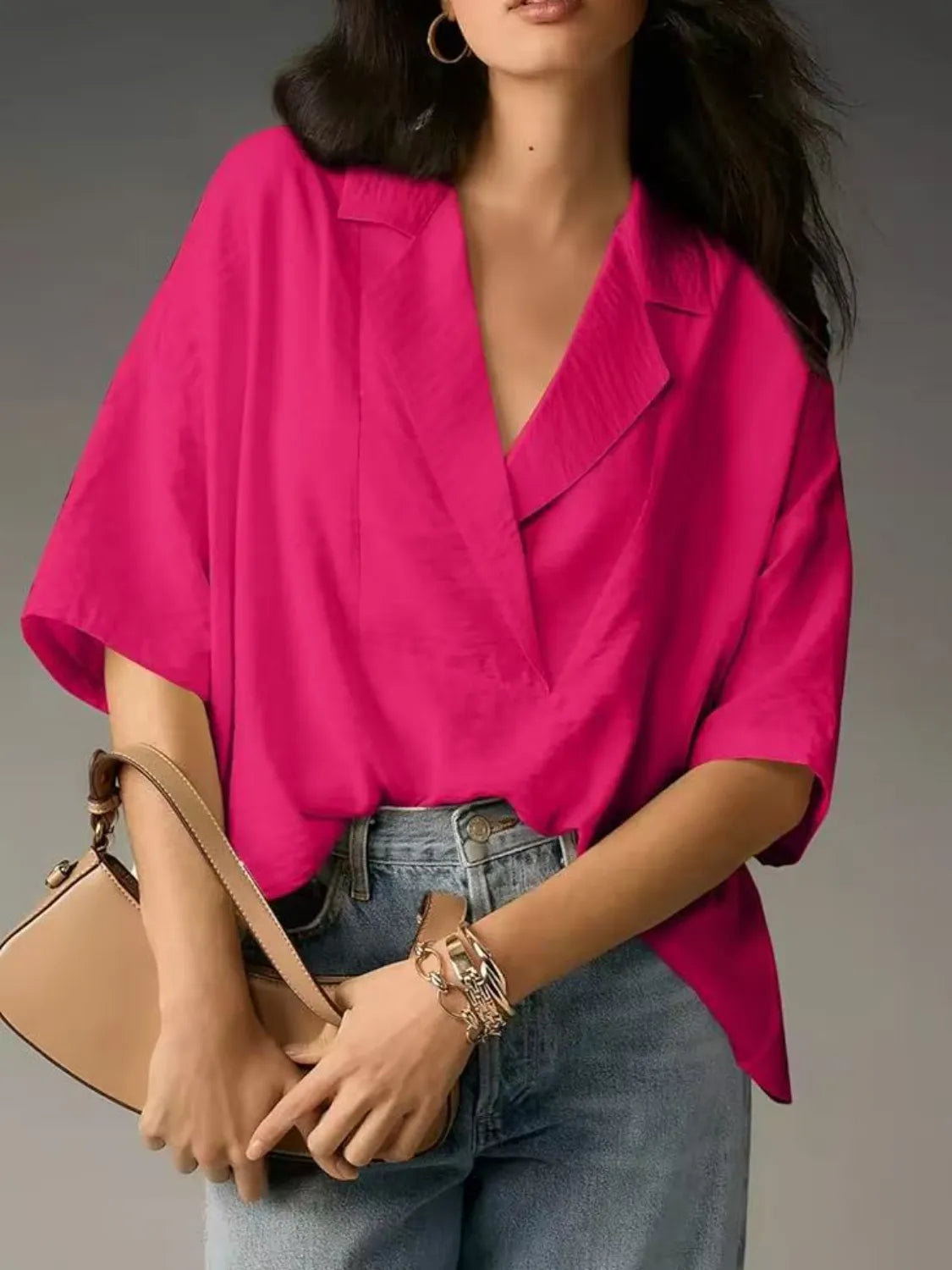 Collared half-sleeve blouse – deep rose