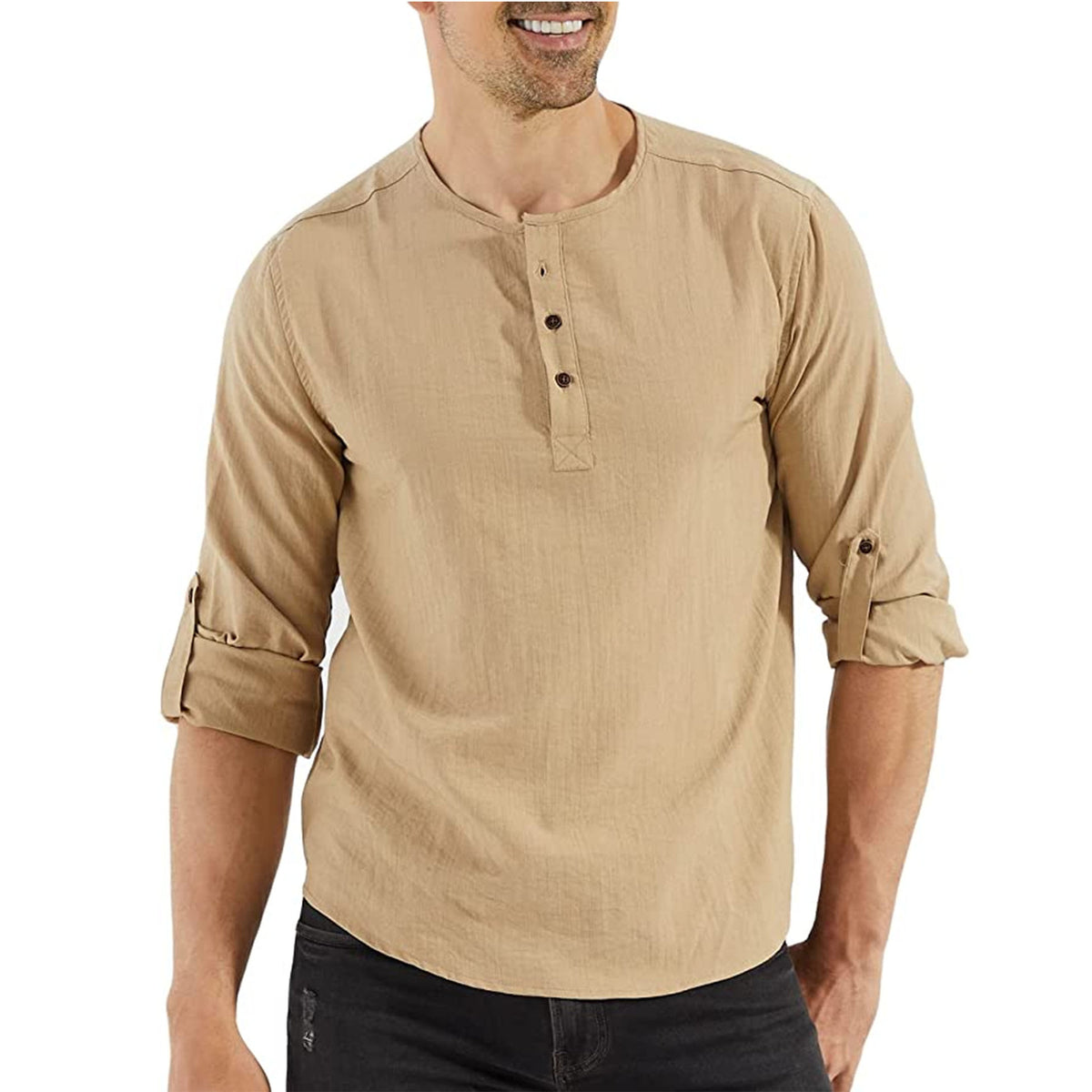 Cotton henley shirt, Khaki, front