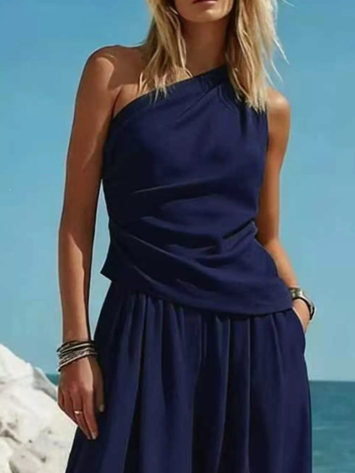 One-shoulder sleeveless top and harem pants set