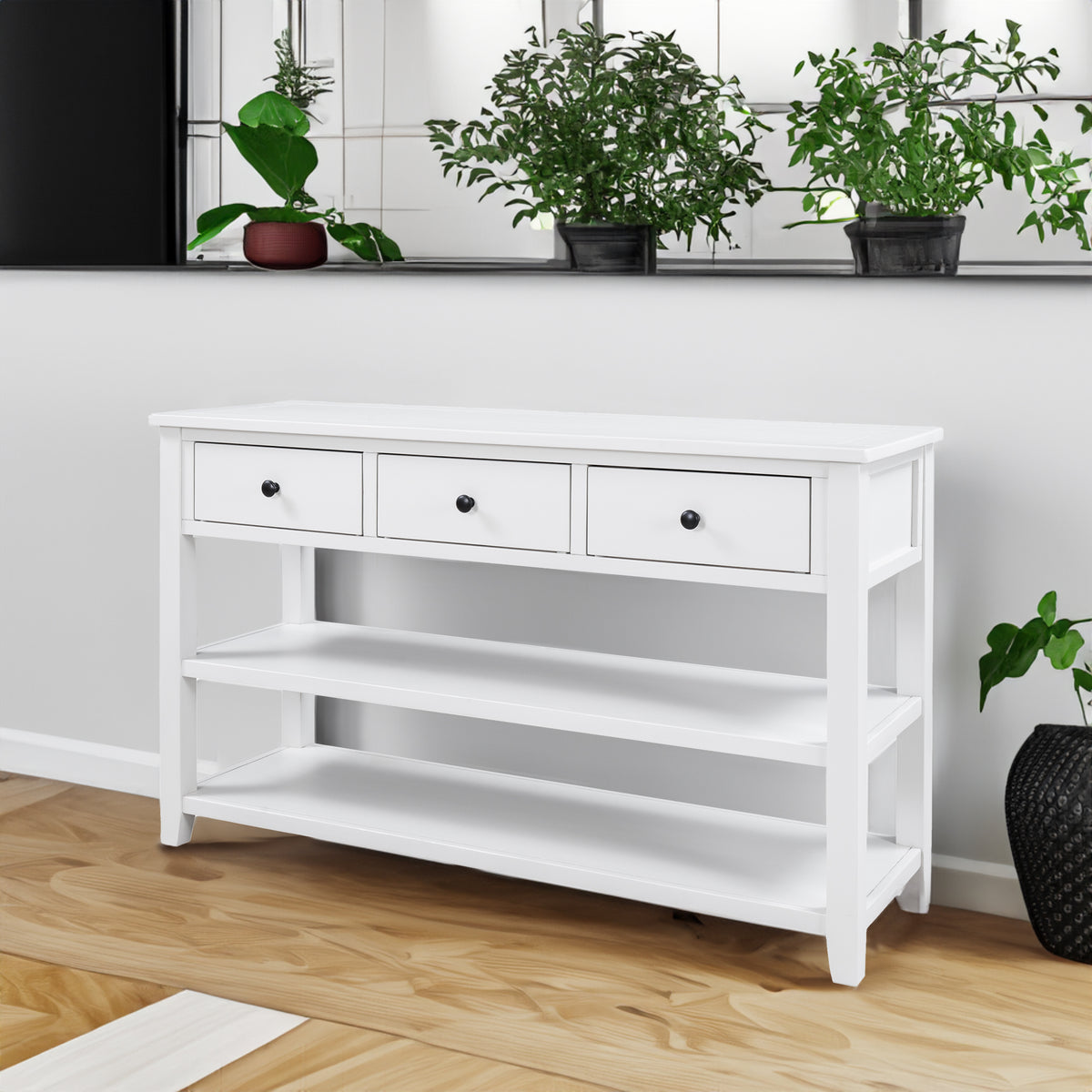 Retro Design Console Table with Two Open Shelves, Pine Solid Wood Fram