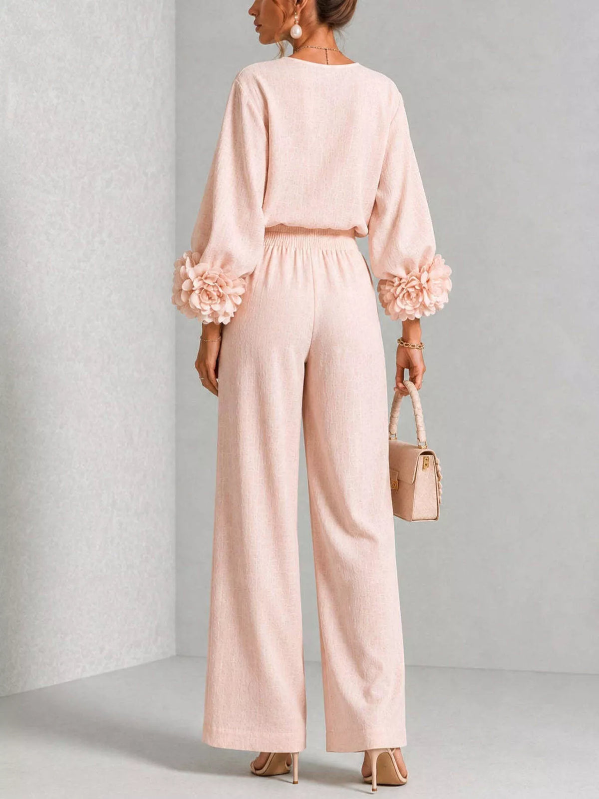 Floral-cuff top and pants set