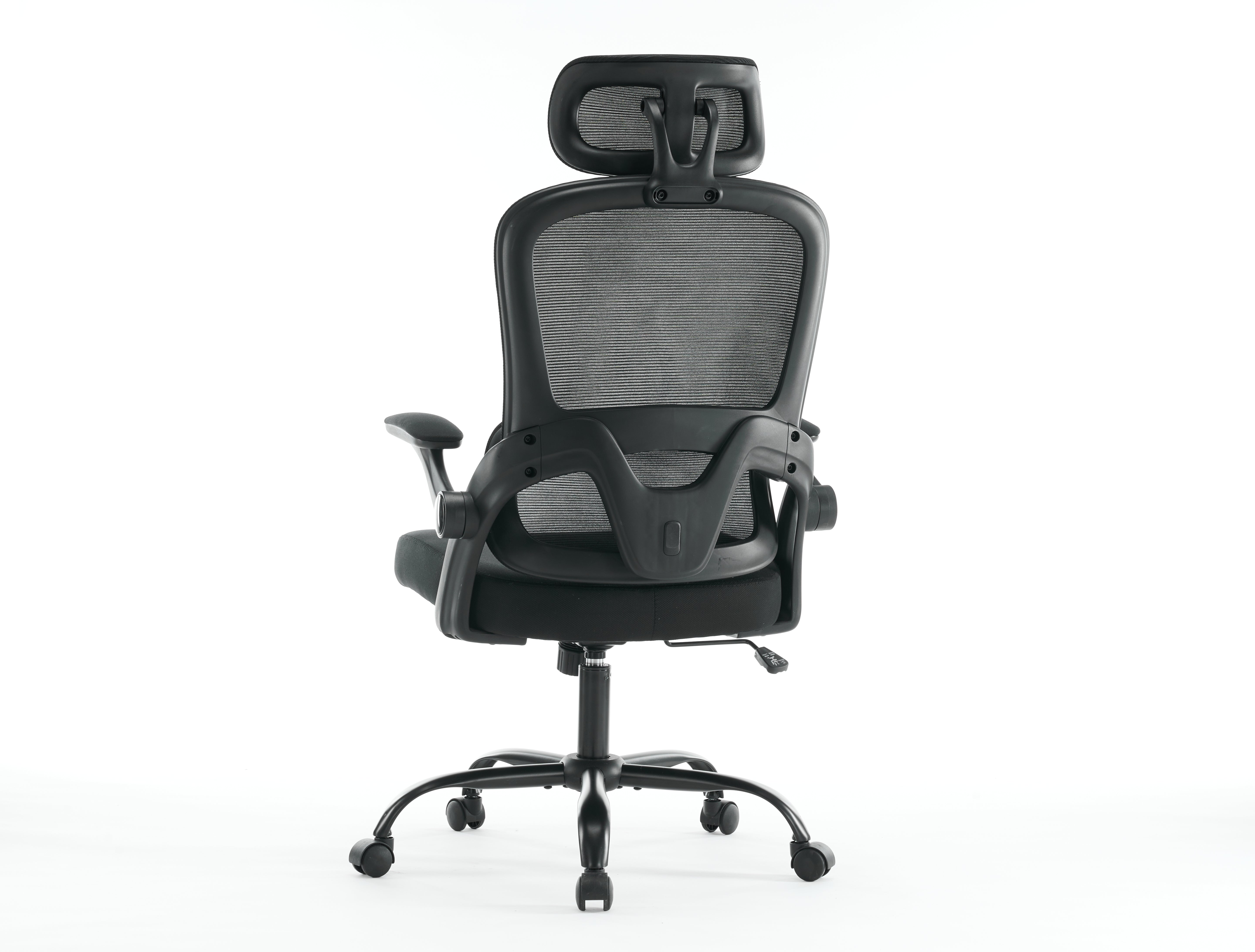 High backrest mesh office chair with 3D armrests, rotating computer task chair with adjustable 2D headrest, tilt function black