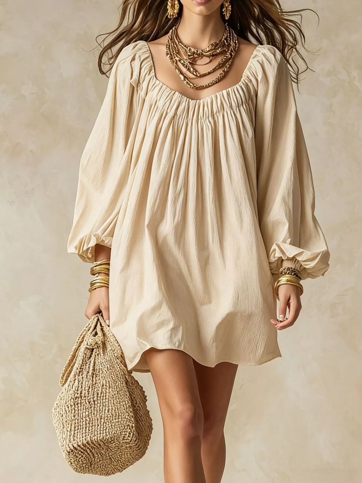 Balloon-sleeve mini dress – ivory