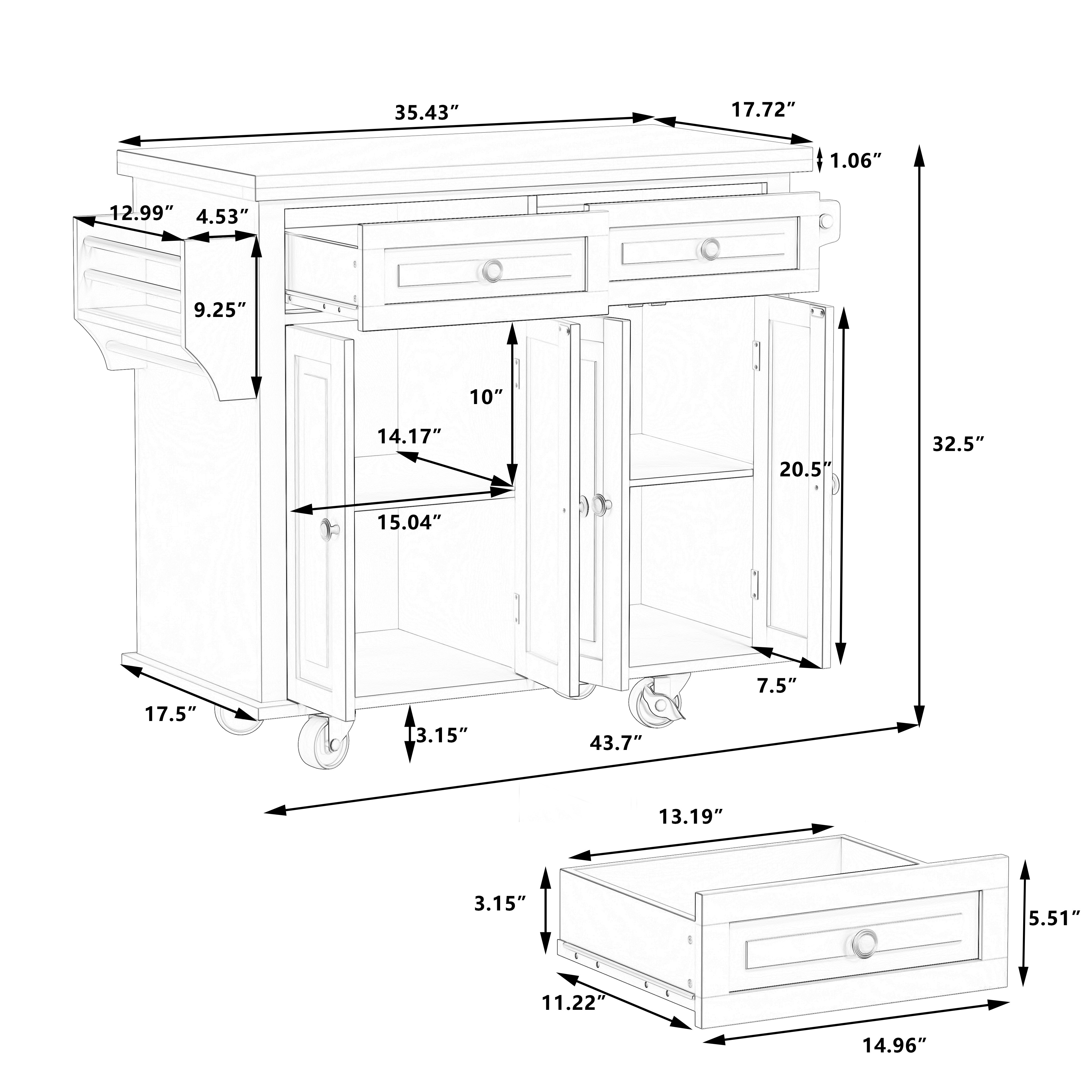 Kitchen Island Cart with Two Storage Cabinets and Two Locking Wheels 43.31 Inch Width 4 Door Cabinet and Two Drawers Spice Rack