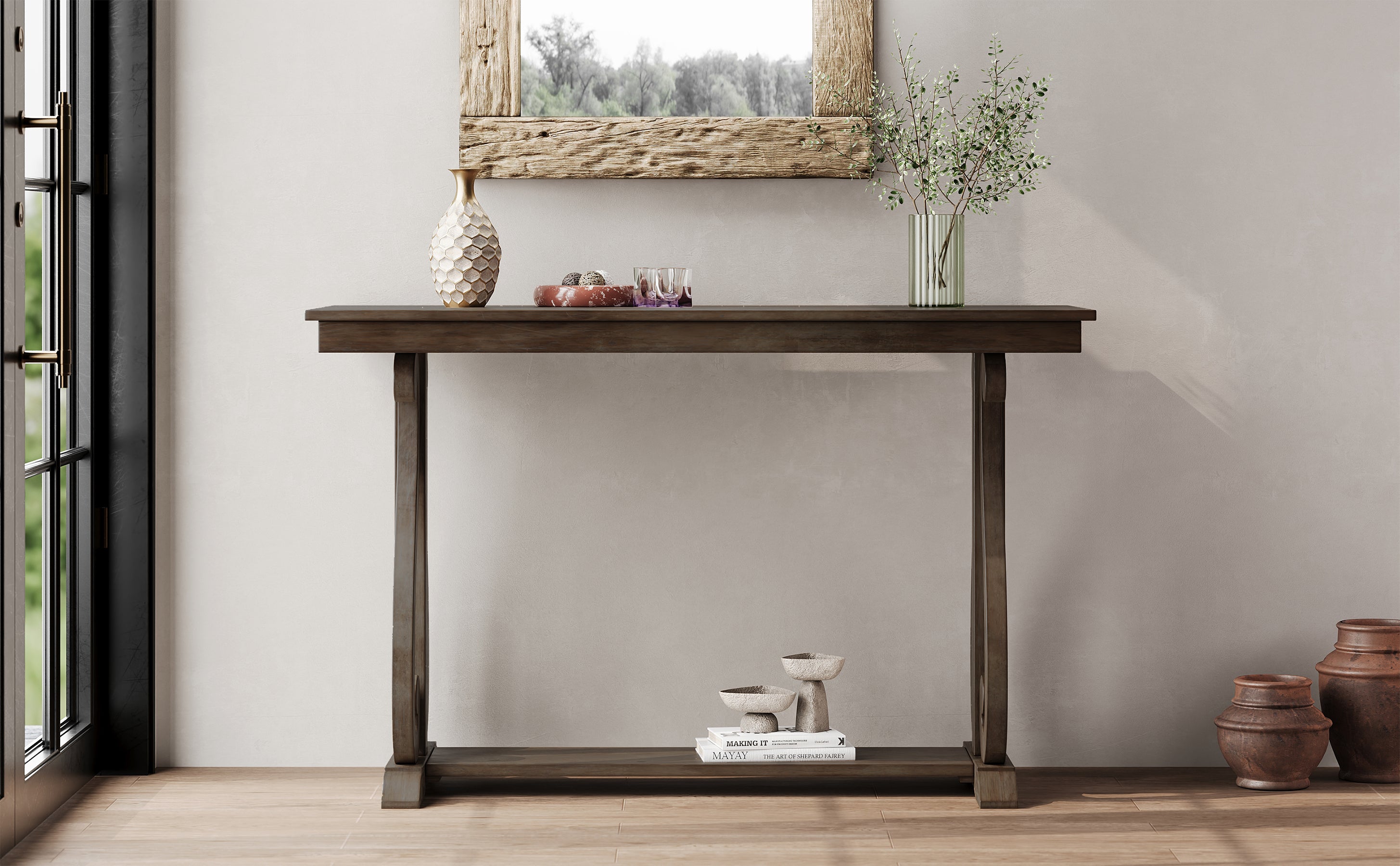 48-Inch Rustic Vintage Console Table --- Farmhouse Style Entryway Table with Open Shelf and Sturdy Construction (Walnut)