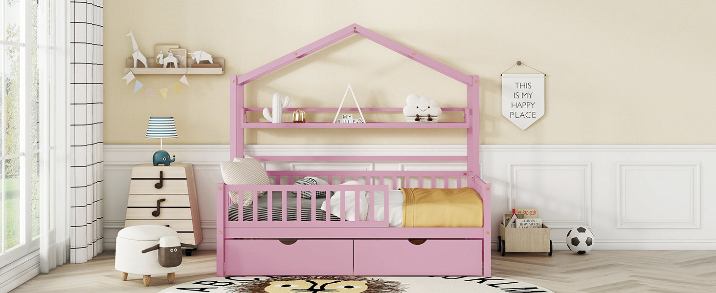 Wooden Full Size House Bed with 2 Drawers Kids Bed with Storage Shelf Pink