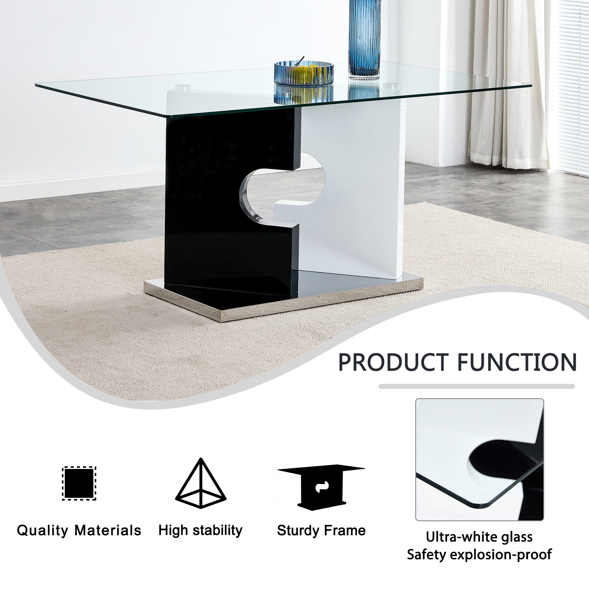 Large Modern Minimalist Rectangular Glass Dining Table for 6-8 with 0.39" Tempered Glass Tabletop