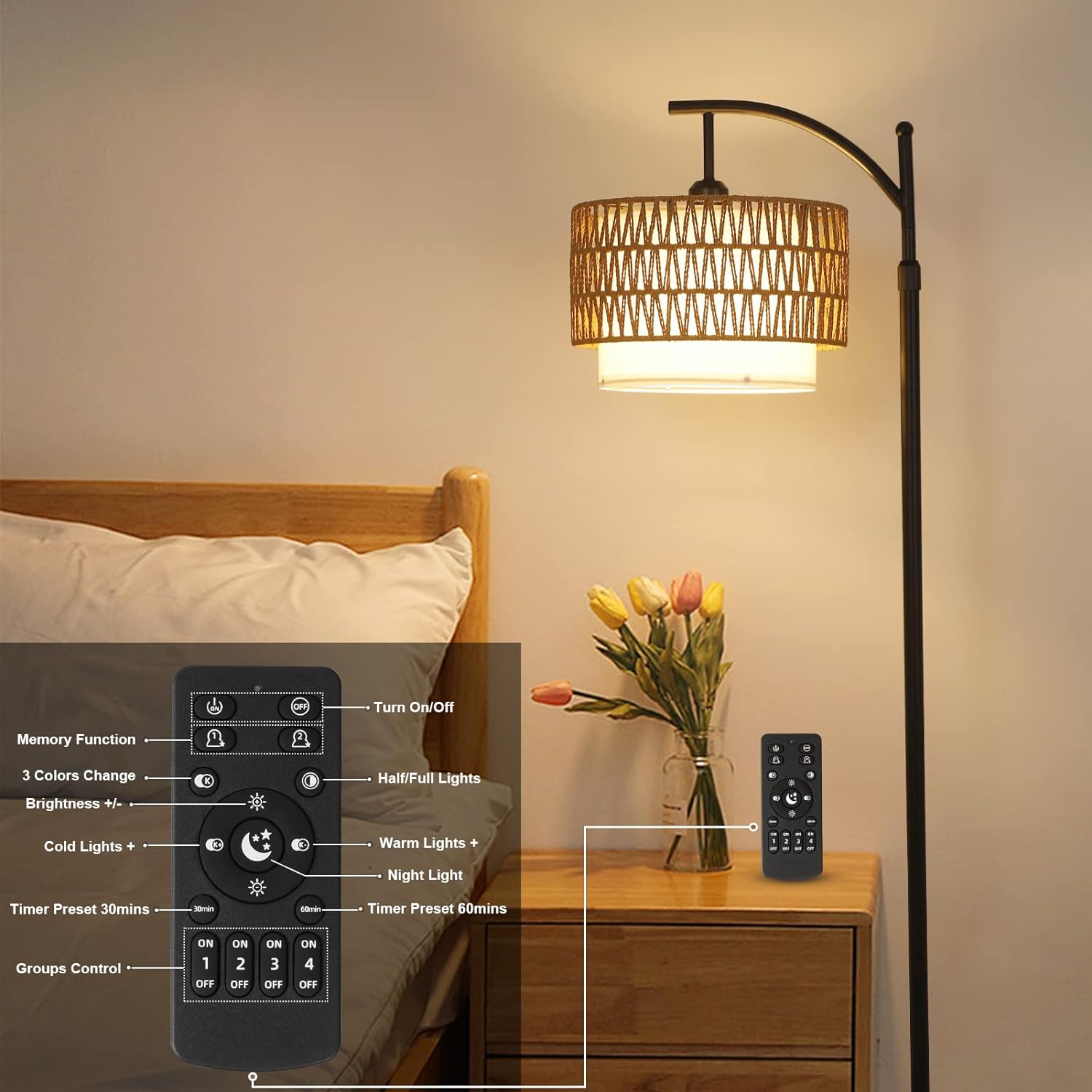 Arc Floor Lamp for Living Room with 3 Color Temperatures, Farmhouse Floor Lamps with Remote & Dimmable Bulb Office