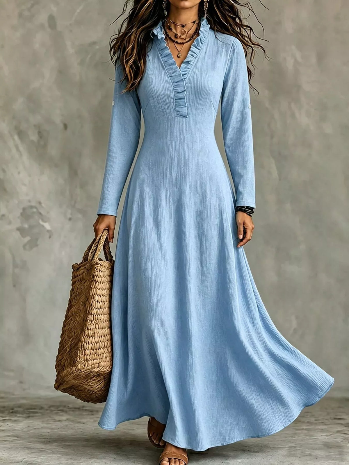 Roll-sleeve V-neck maxi dress – sky blue