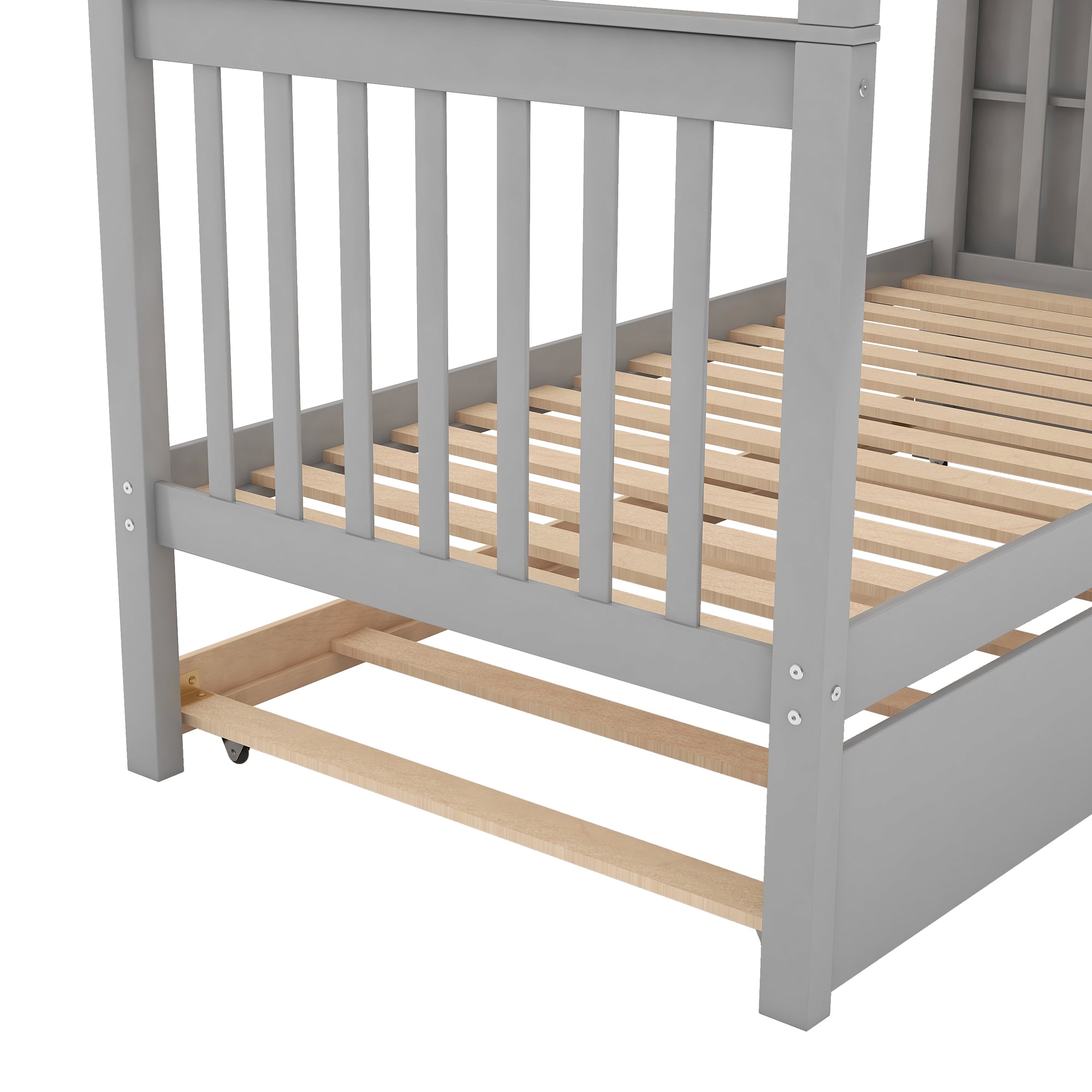 Twin over Twin Bunk Bed with Trundle and Storage  Gray