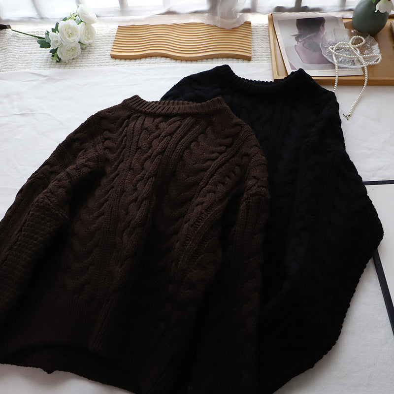 Round Neck Cable Knit Loose Lazy Versatile Thick Knitted Sweater for Women