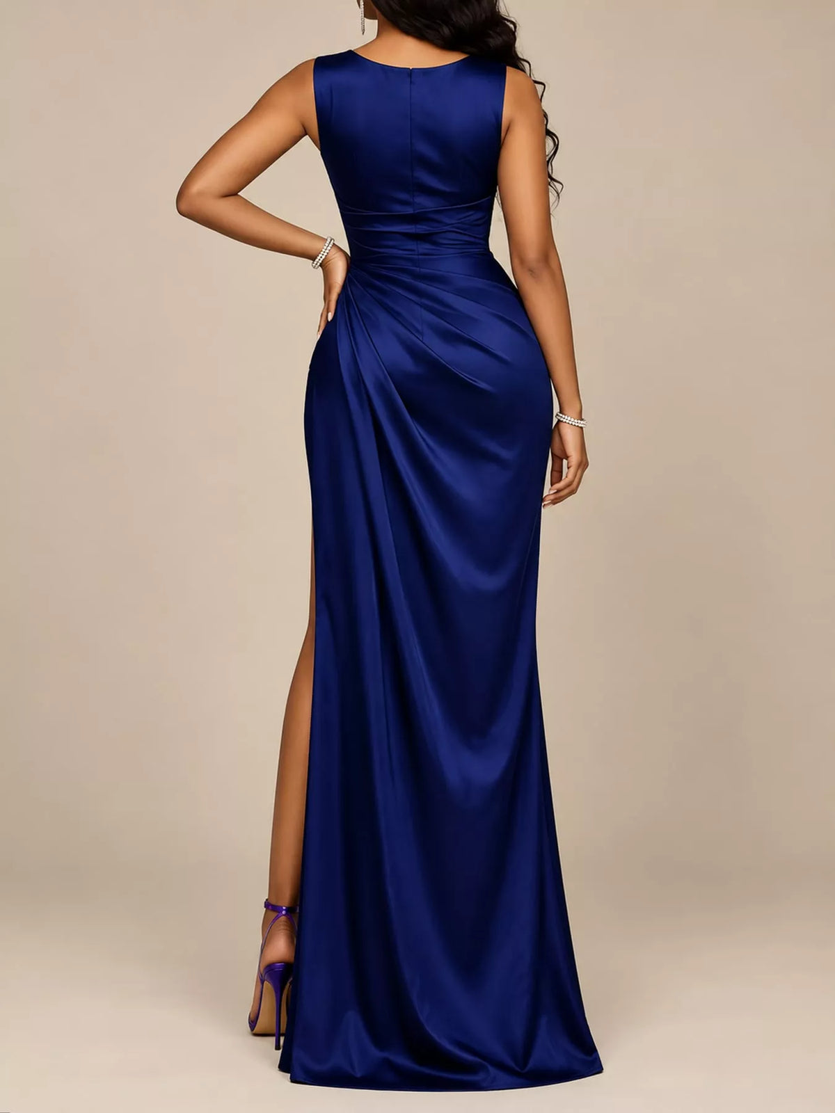 Satin cowl neck high slit evening maxi dress