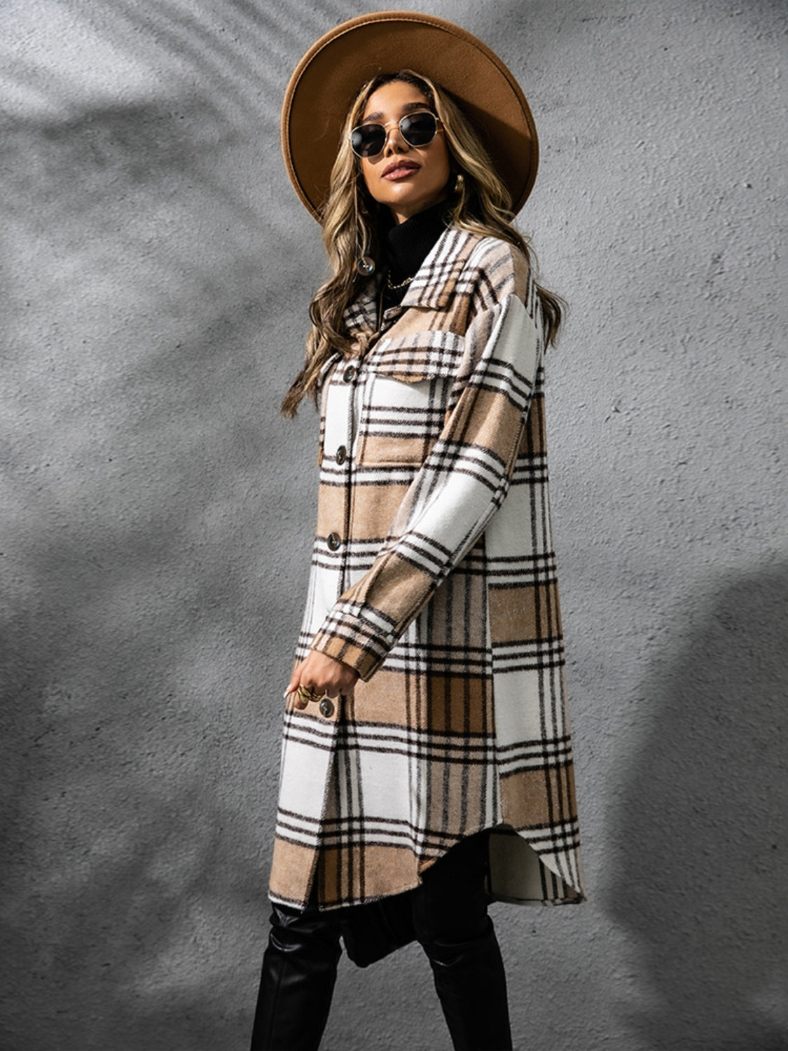 Plaid Collared Neck Long Sleeve Coat