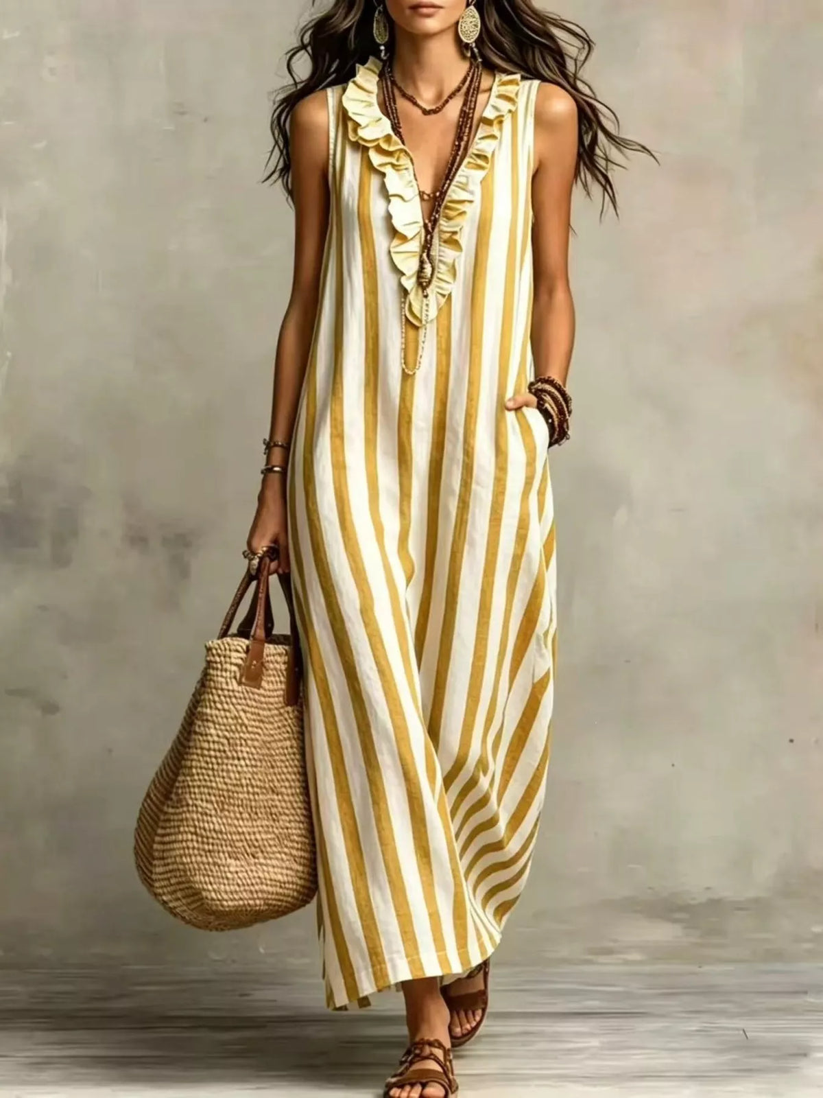 Sleeveless striped ruffle V-neck maxi dress, Yellow