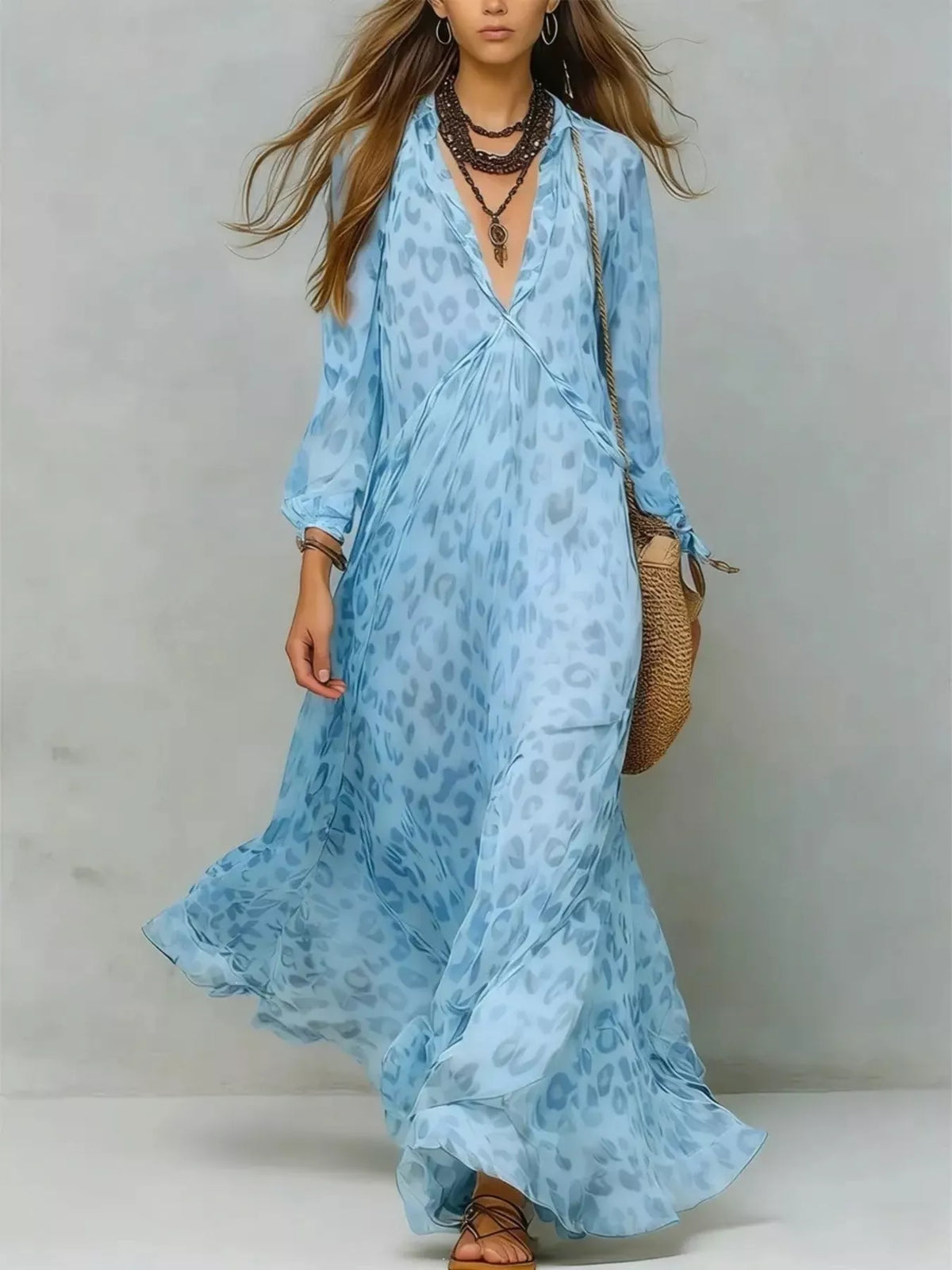 Leopard print V-neck maxi dress, Sky Blue