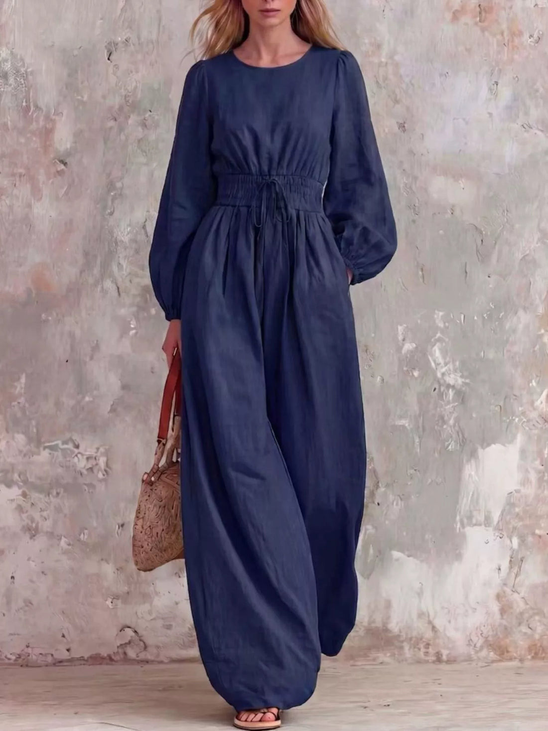 Smocked-waist long-sleeve jumpsuit – dark blue