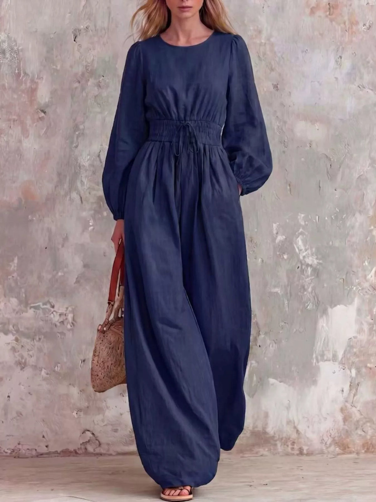 Smocked-waist long-sleeve jumpsuit – dark blue