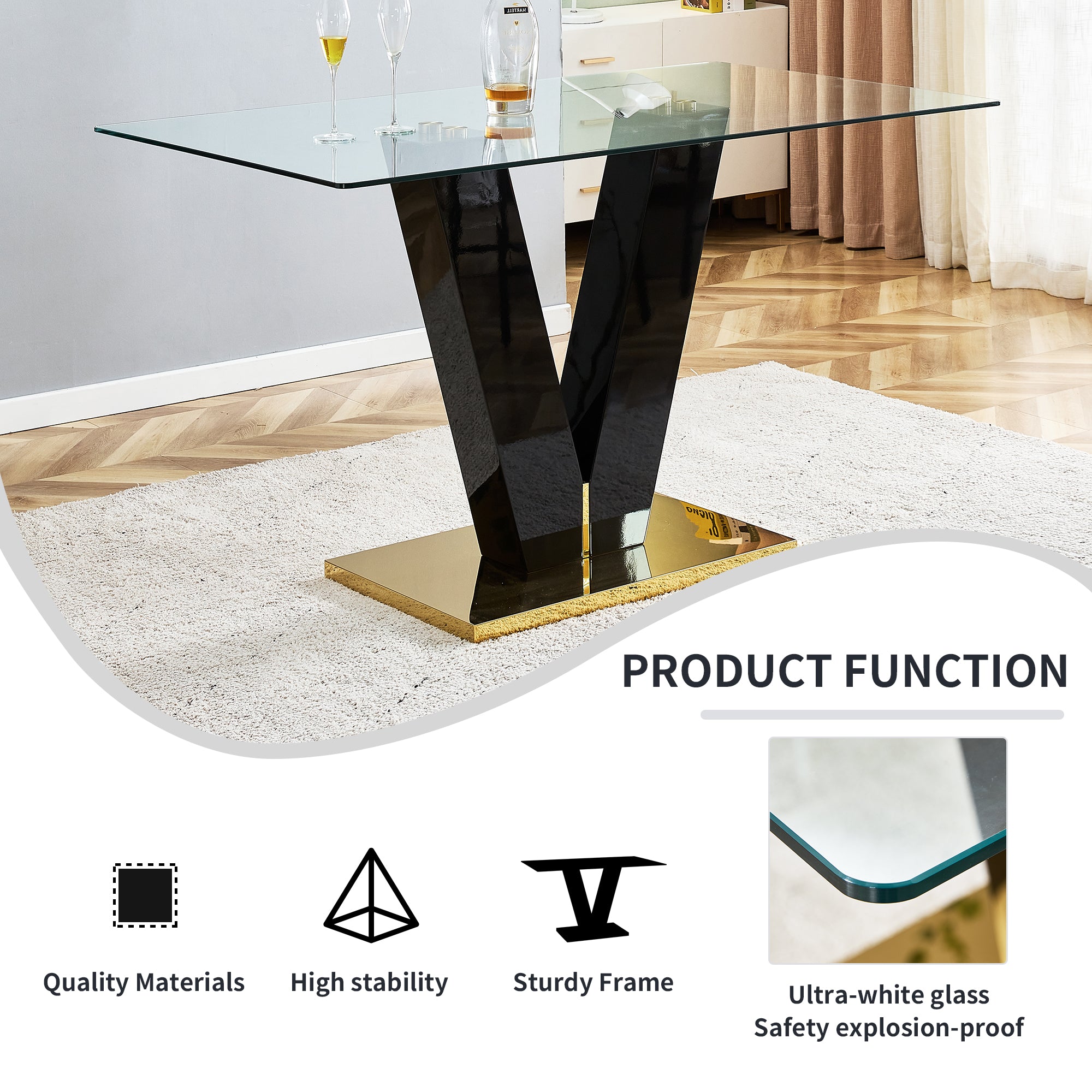 Large Modern Minimalist Rectangular Glass Dining Table for 6-8 with 0.4" Tempered Glass Tabletop and MDF slab V-Shaped Bracket