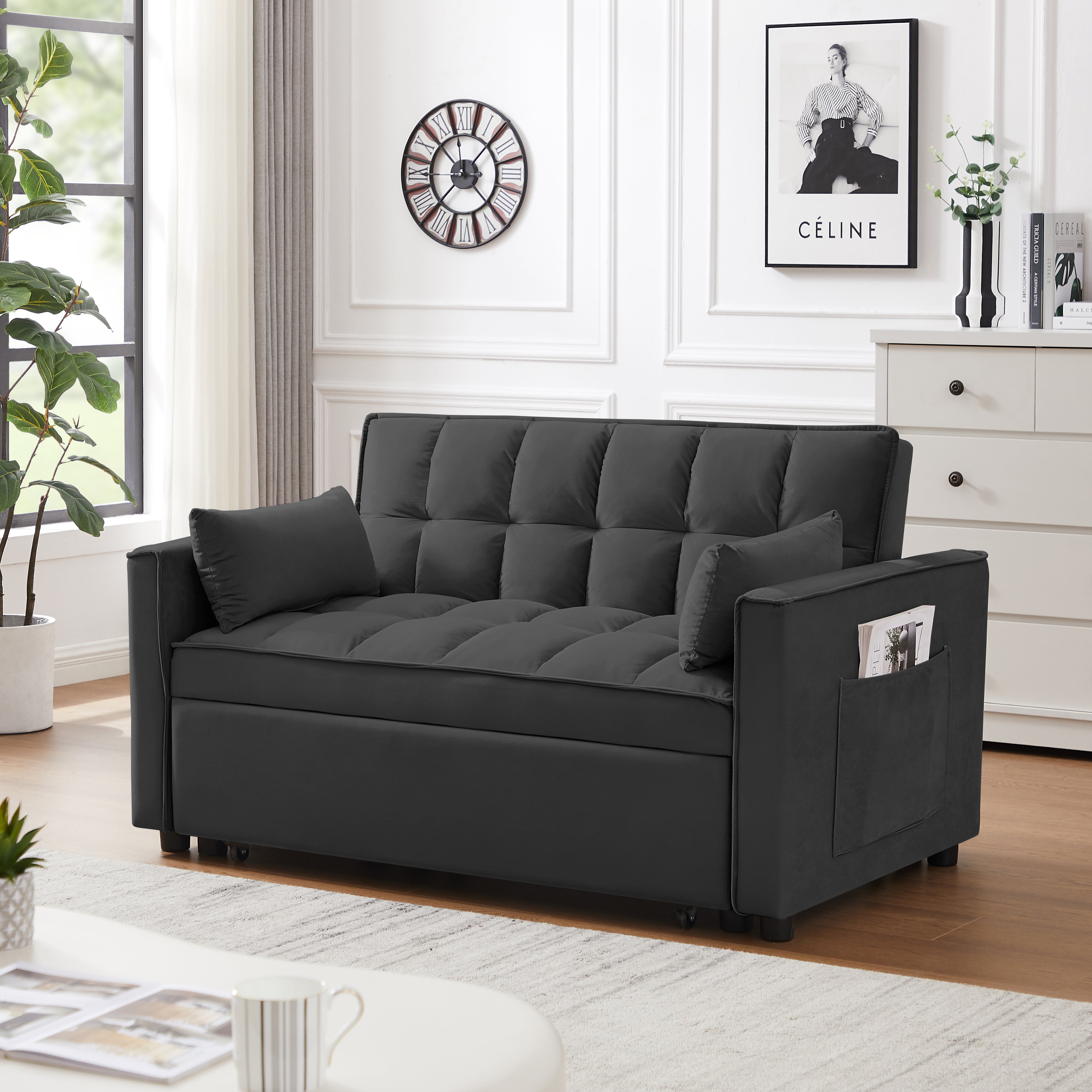 Modern Velvet Loveseat Futon Sofa with Pull out Bed, Backrest, Pillow, Pocket 3-in-1 Convertible Sleeper Sofa Bed, Black